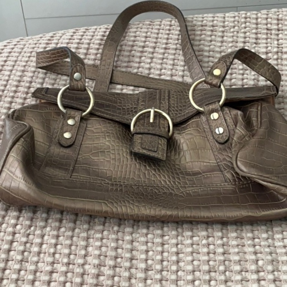 Liz Claiborne Brown Gold Leather Crocodile Embossed Bag